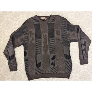 VTG Shenandoah AOP USA Sweater Men‎ L Brwn Longsleeve Crewneck Heavy Knit Chunky